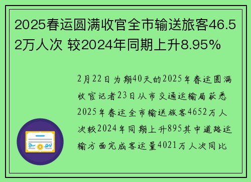 2025春运圆满收官全市输送旅客46.52万人次 较2024年同期上升8.95%