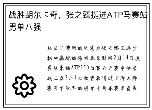 战胜胡尔卡奇，张之臻挺进ATP马赛站男单八强