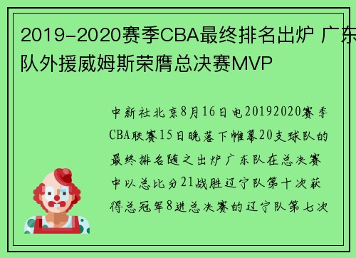 2019-2020赛季CBA最终排名出炉 广东队外援威姆斯荣膺总决赛MVP
