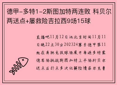 德甲-多特1-2斯图加特两连败 科贝尔两送点+屡救险吉拉西9场15球