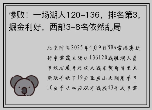 惨败！一场湖人120-136，排名第3，掘金利好，西部3-8名依然乱局