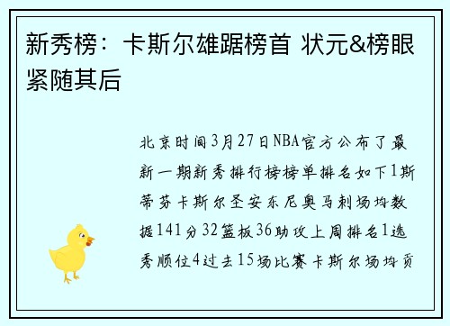 新秀榜：卡斯尔雄踞榜首 状元&榜眼紧随其后