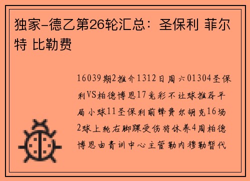 独家-德乙第26轮汇总：圣保利 菲尔特 比勒费