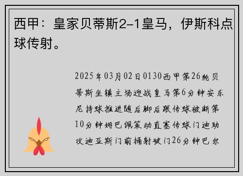 西甲：皇家贝蒂斯2-1皇马，伊斯科点球传射。