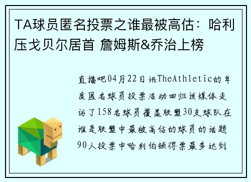 TA球员匿名投票之谁最被高估：哈利压戈贝尔居首 詹姆斯&乔治上榜
